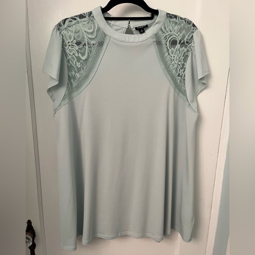 Torrid Studio Crepe Jersey Mock Neck Lace Inset Top - Picture 6 of 7
